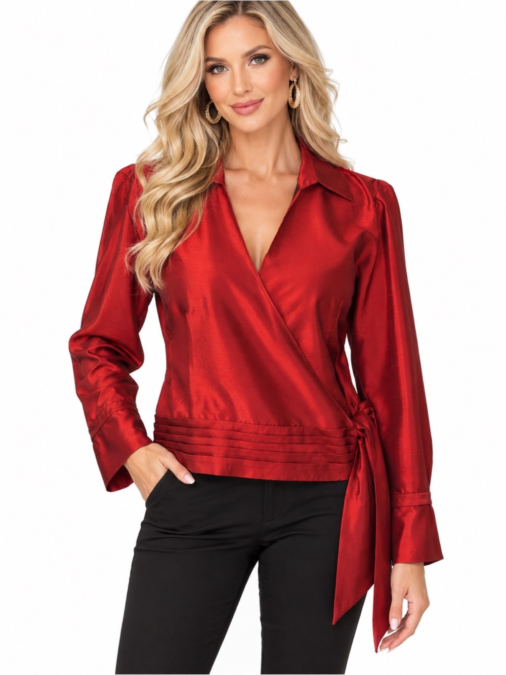 Coldwater Creek Women’s PXL Red Satin Wrap Blouse Tie Waist Dressy Holiday Top